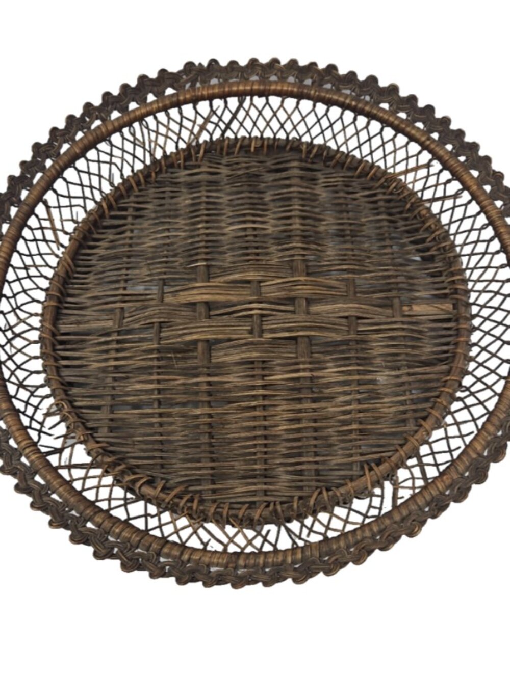 Antique Chinese Woven Bamboo Rattan Openwork Tray Basket Late Qing Republic 11"